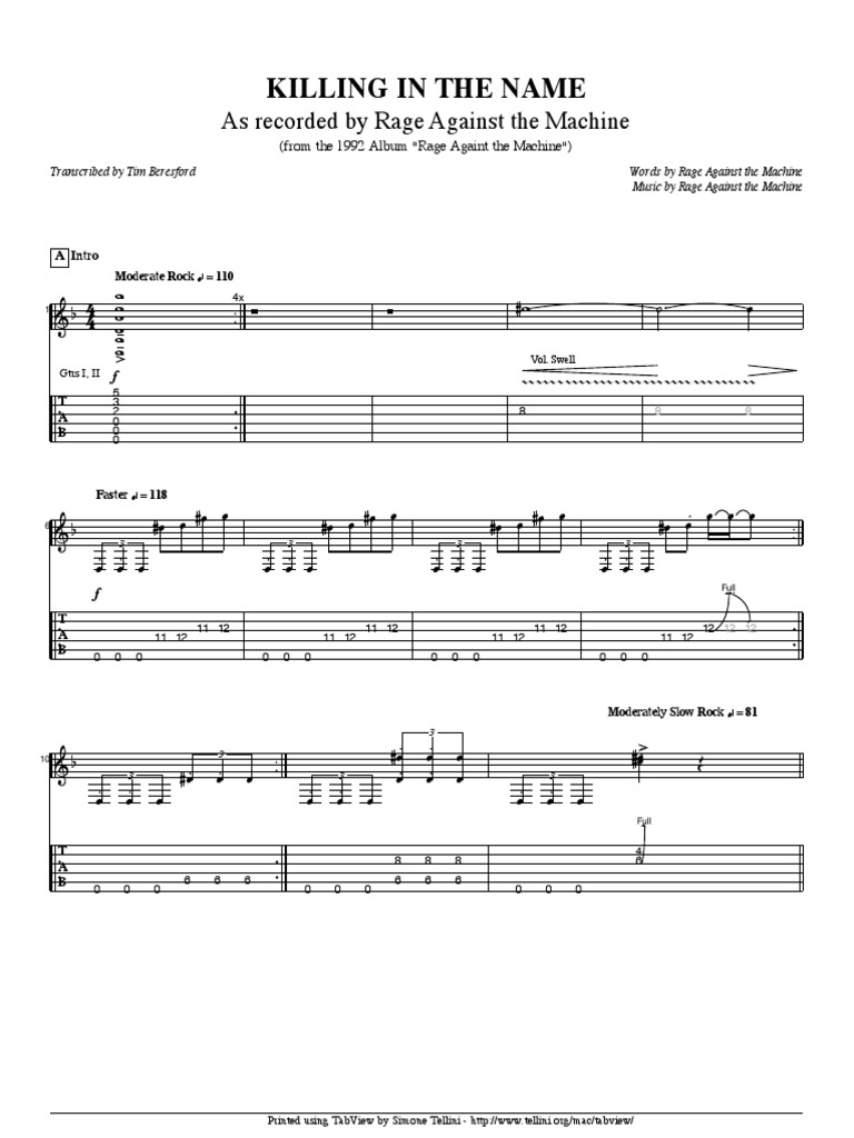 Killing In The Name Of Tabs Bass