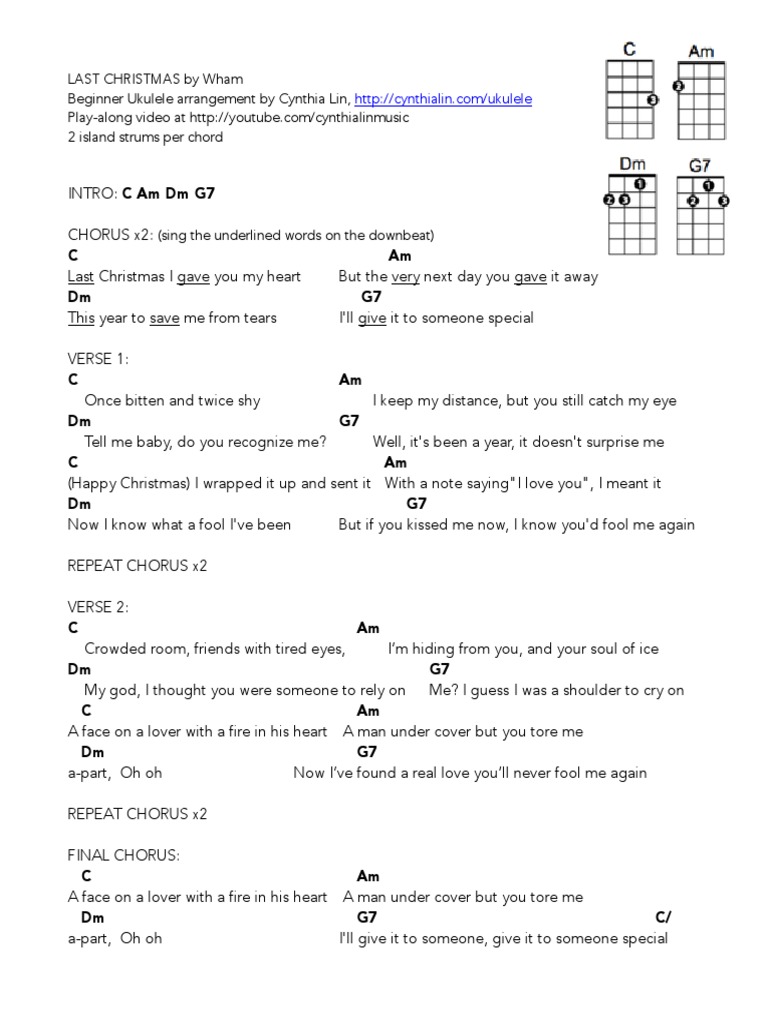 LAST CHRISTMAS - Beginner Ukulele Chord Chart
