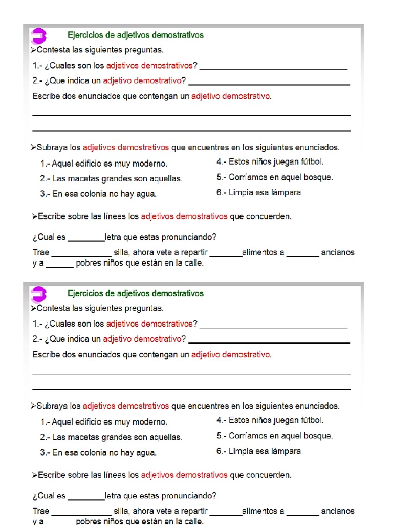 Ejercicios Adjetivos Demostrativos | PDF