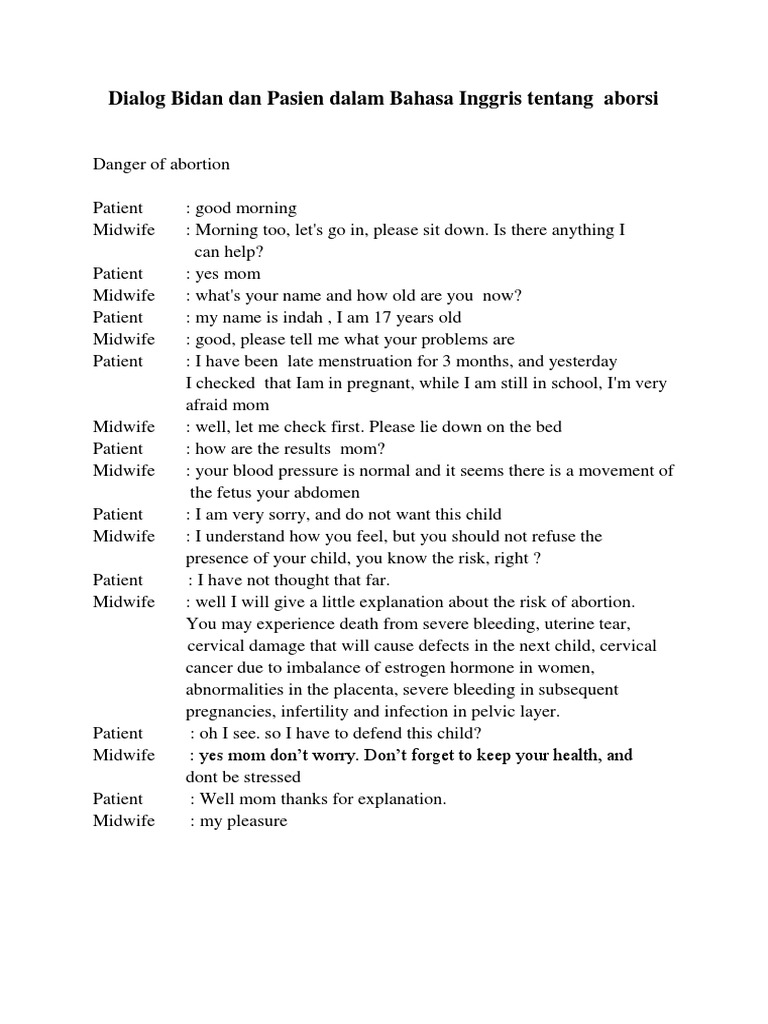 Dialog Bidan Dan Pasien Dalam Bahasa Inggris Tentang Aborsi