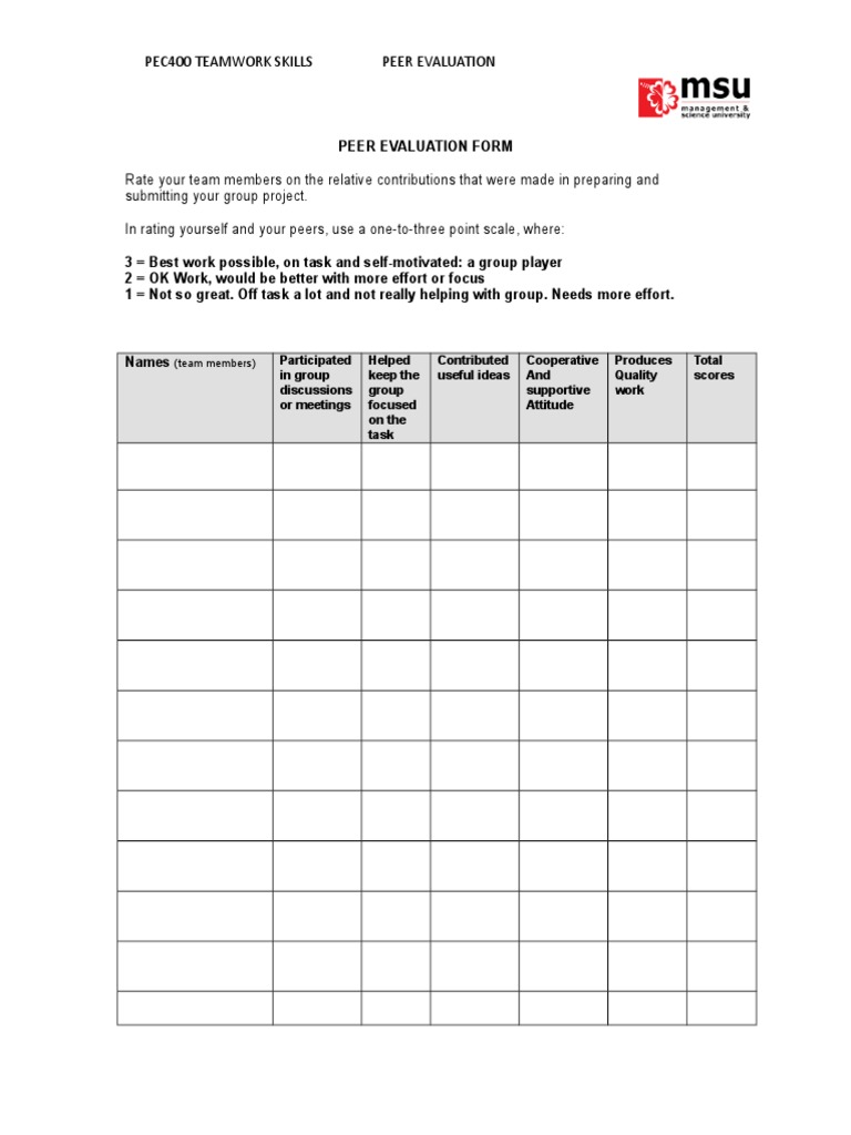 Pec400 Teamwork Skills Peer Evaluation