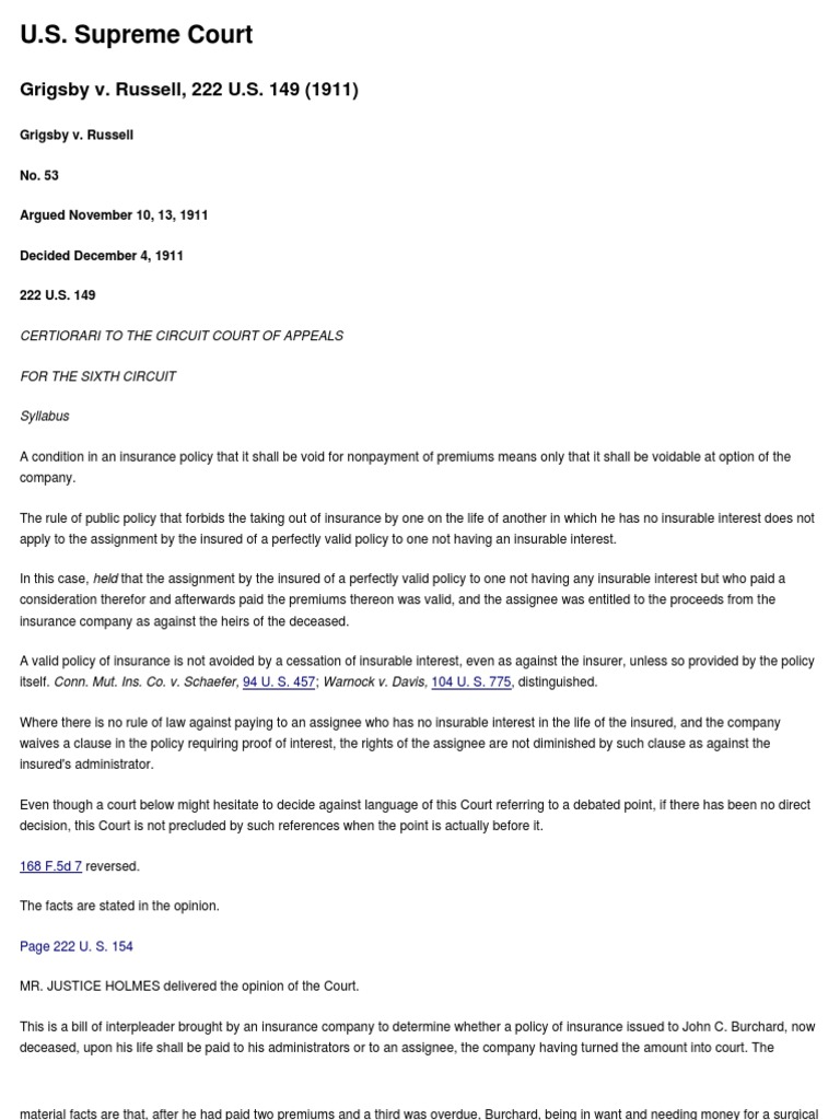 1911 Supreme Court Case-Life Insurnace As Asset | PDF | Insurance ...