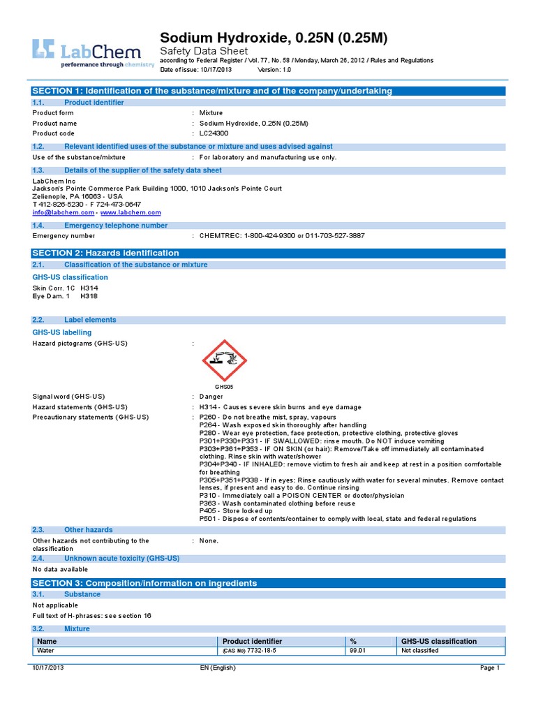 Sodium Hydroxide 0.25N Safety Data Sheet | PDF | Personal Protective ...