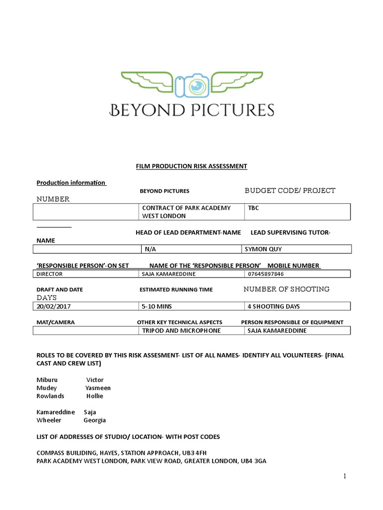 Film Production Risk Assessment Template | PDF | Filmmaking | Risk ...