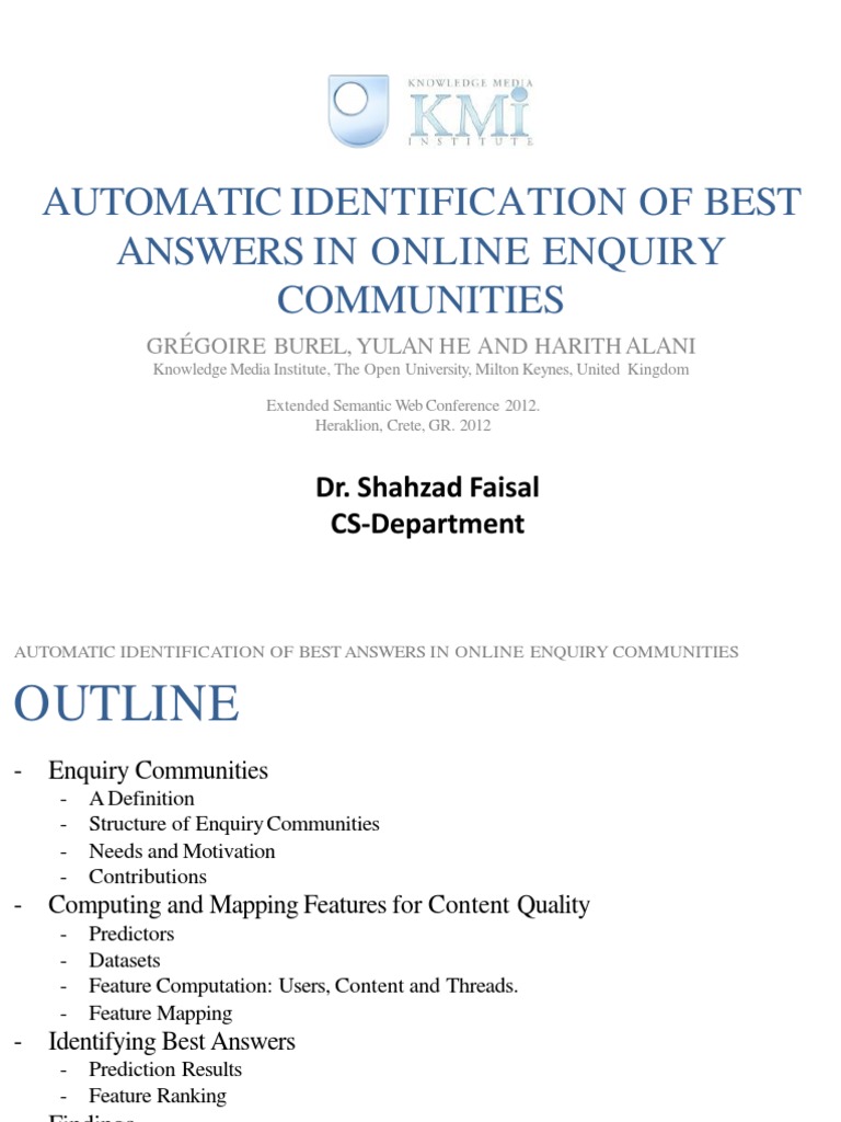 Automatic Identification of Best Answers in Online Enquiry Communities ...