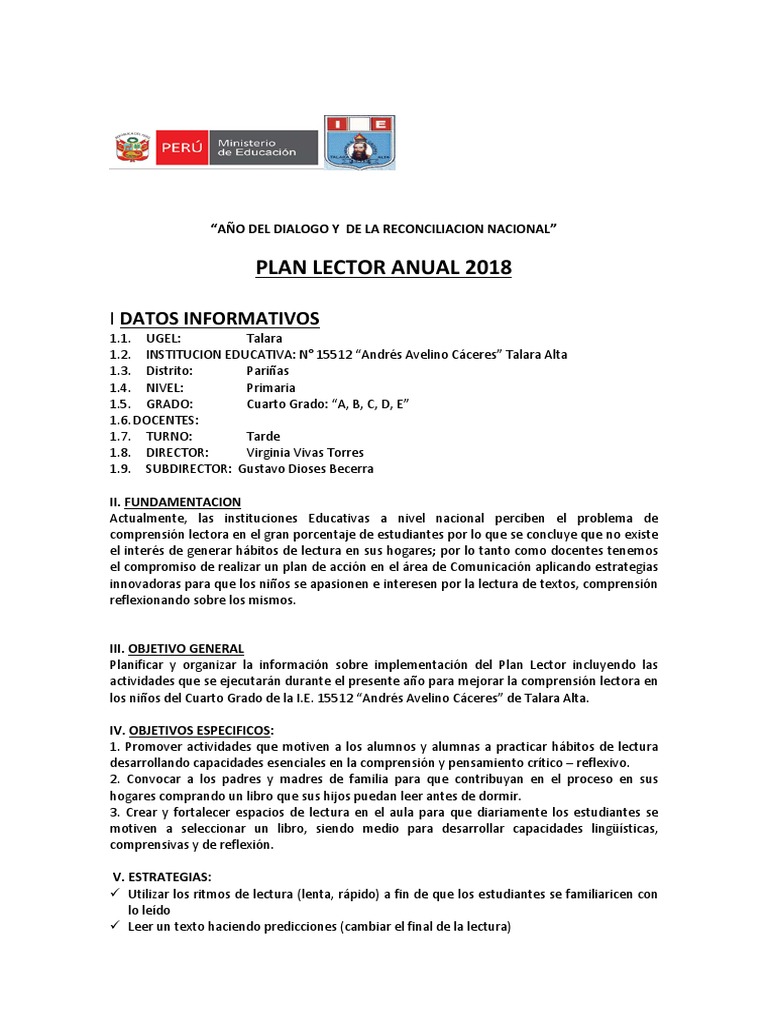 Plan Lector de Cuarto 2018 | PDF | Lectura (proceso) | Comprensión lectora