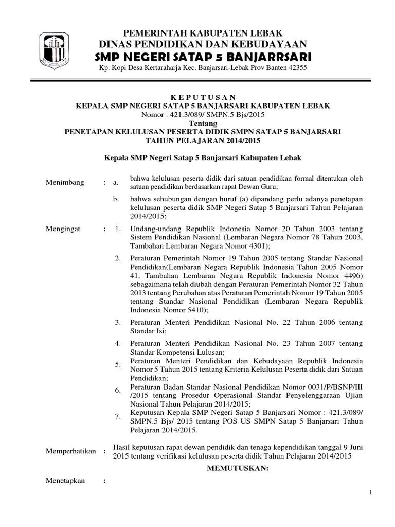 Sk Penetapan Kelulusan Peserta Didik 2022