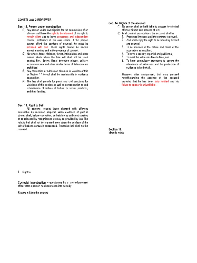 Consti Law 2 Reviewer Sec 12 To 14 | PDF | Remand (Detention) | Bail