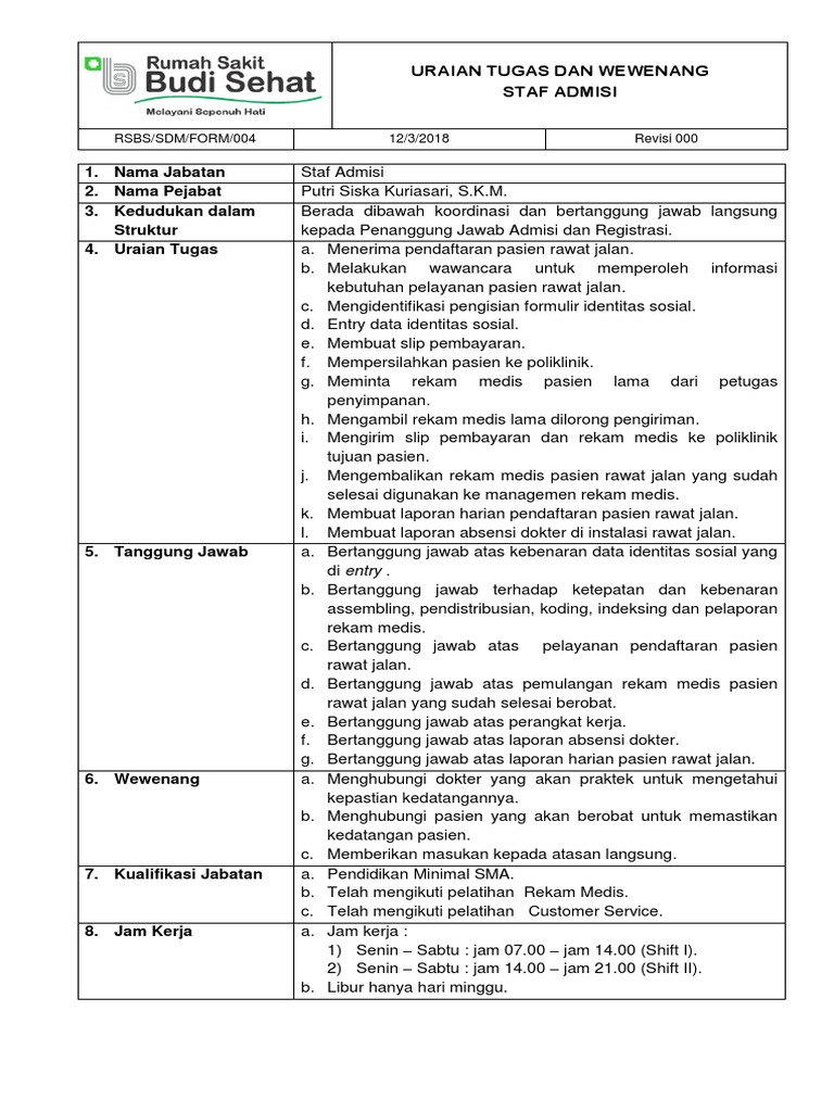 Uraian Tugas dan Wewenang Staf Admisi