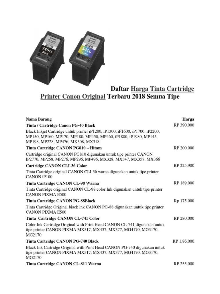 Daftar Harga Tinta Cartridge Printer Canon Original Terbaru 2018 Semua