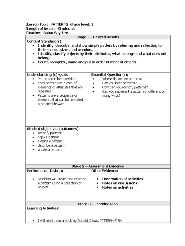 Lesson Plan 2 Patterns | PDF | Pattern | Educational Assessment