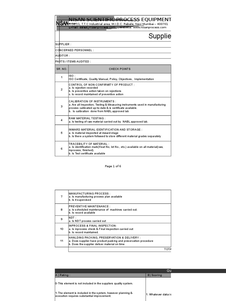 Supplier Audit Checklist Audit Calibration