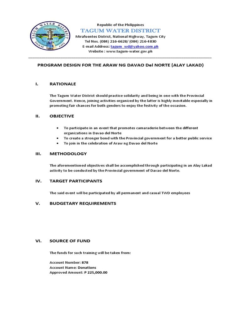 Tagum Water District: Program Design For The Araw NG Davao Del Norte ...