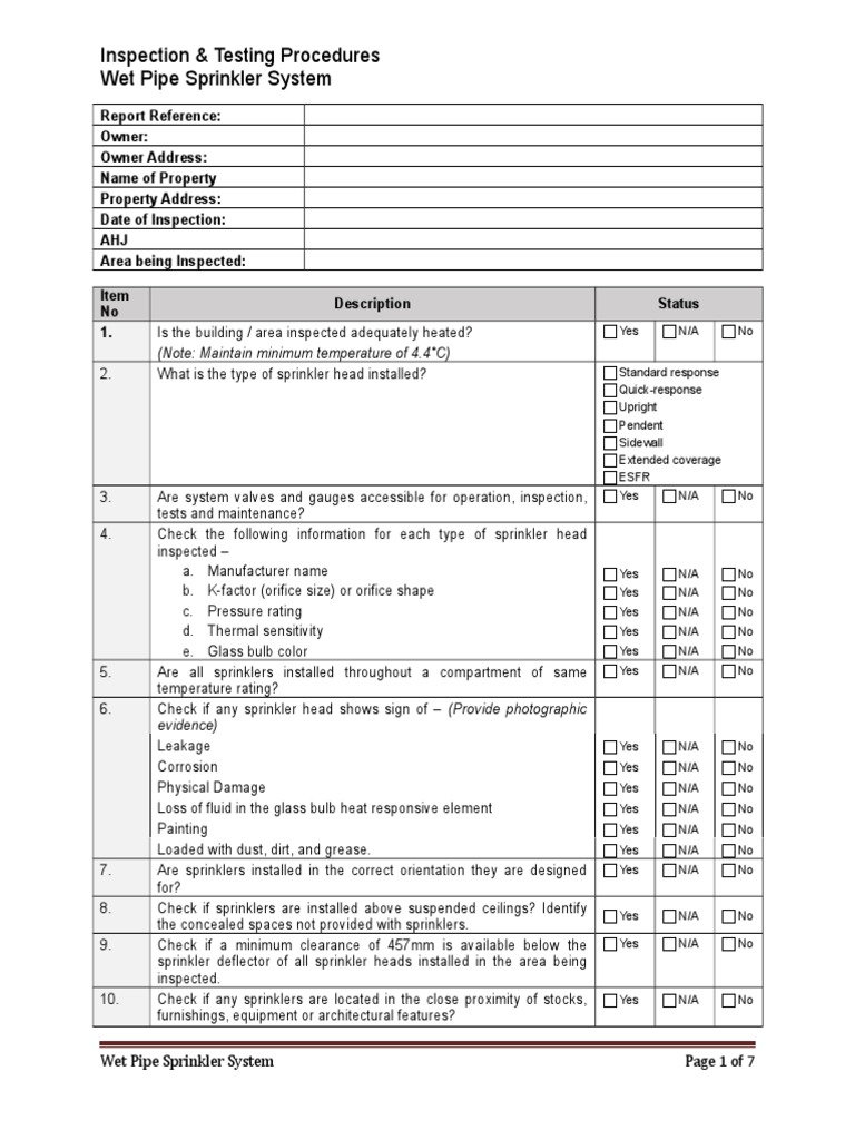 Inspection and Test Plan Sprinkler System Rev 01 Fire Sprinkler