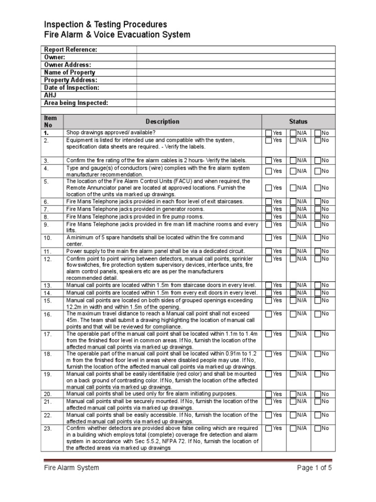Fire Alarm Inspection Checklist | PDF | Equipment | Building Engineering