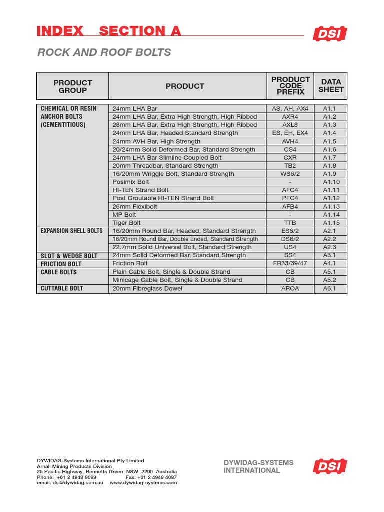DSI Rock Bolt Catalogue PDF Screw Strength Of Materials