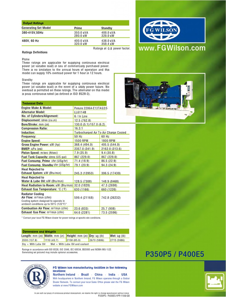 FG Wilson P400E5 Generator Specifications Machines Vehicle Technology
