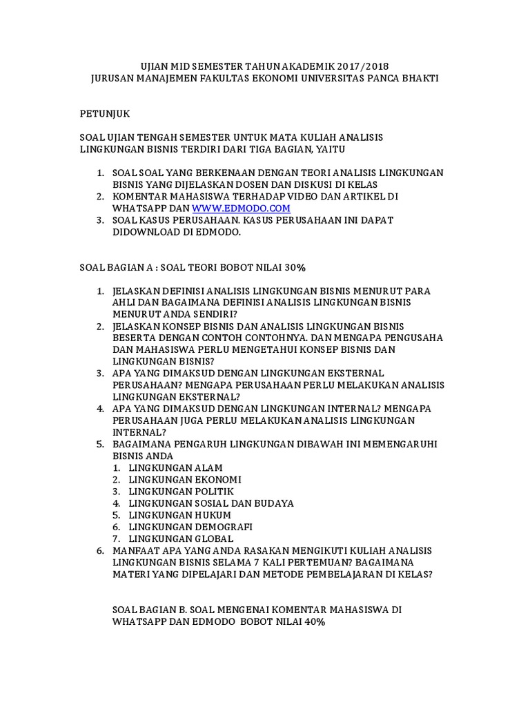 Soal Ujian Mid Semester Tahun Akademik 2017 Mata Kuliah Analisis Lingkungan Bisn