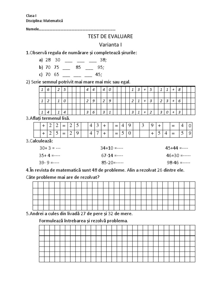 Test Mate Adunare Scaderea 100