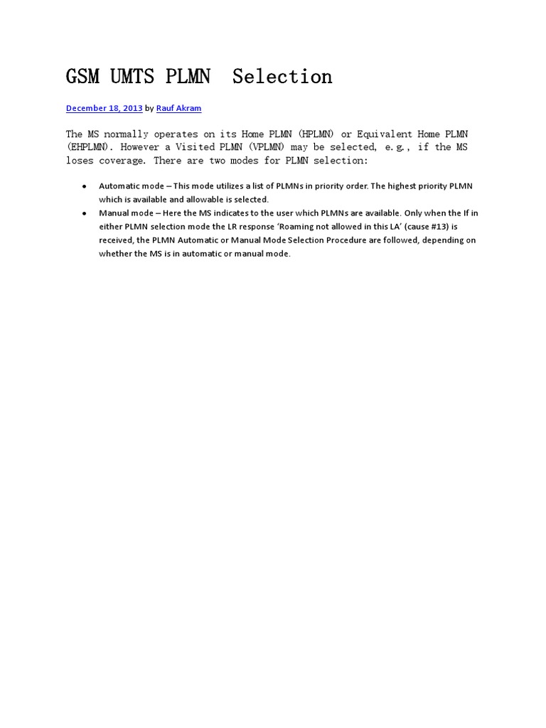 GSM UMTS PLMN Selection Overview | PDF | Technology & Engineering
