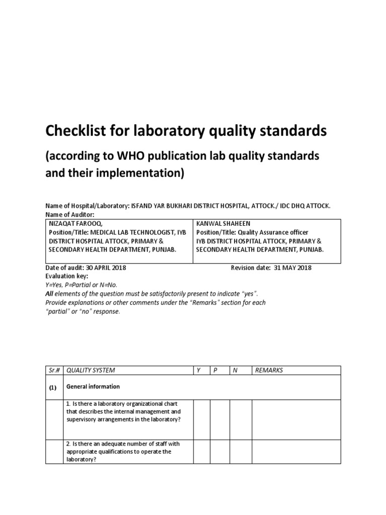 Checklist For Laboratory Quality Standards (According To WHO Publication Lab Quality Standards