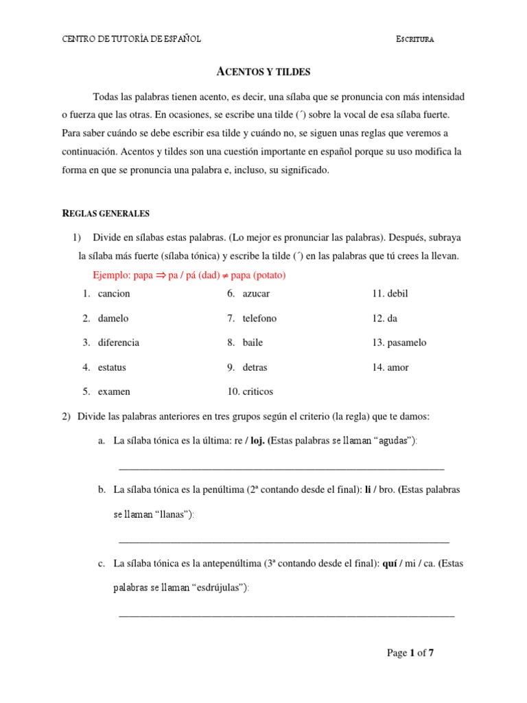 Acentos y Tildes en Espanol Spanish Accent Marks PDF Vocal Sílaba