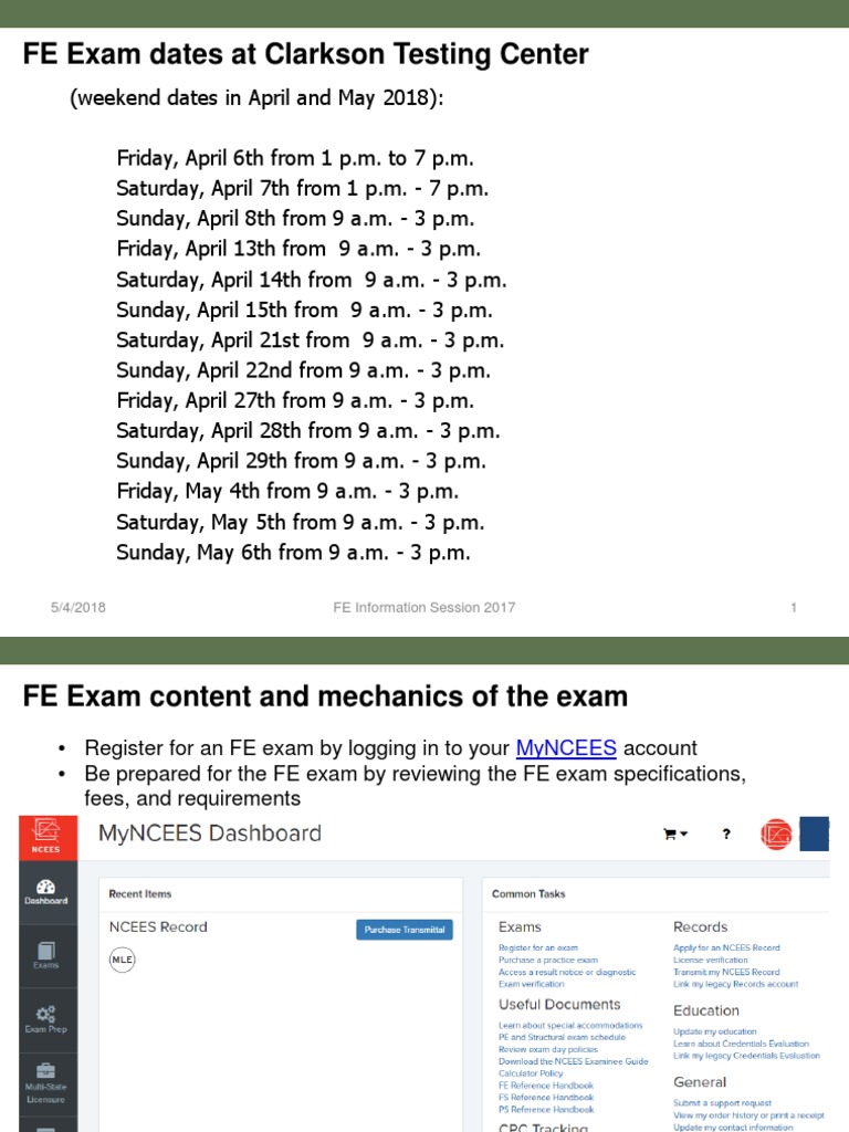 FE Exam Dates at Clarkson Testing Center PDF Engineering System