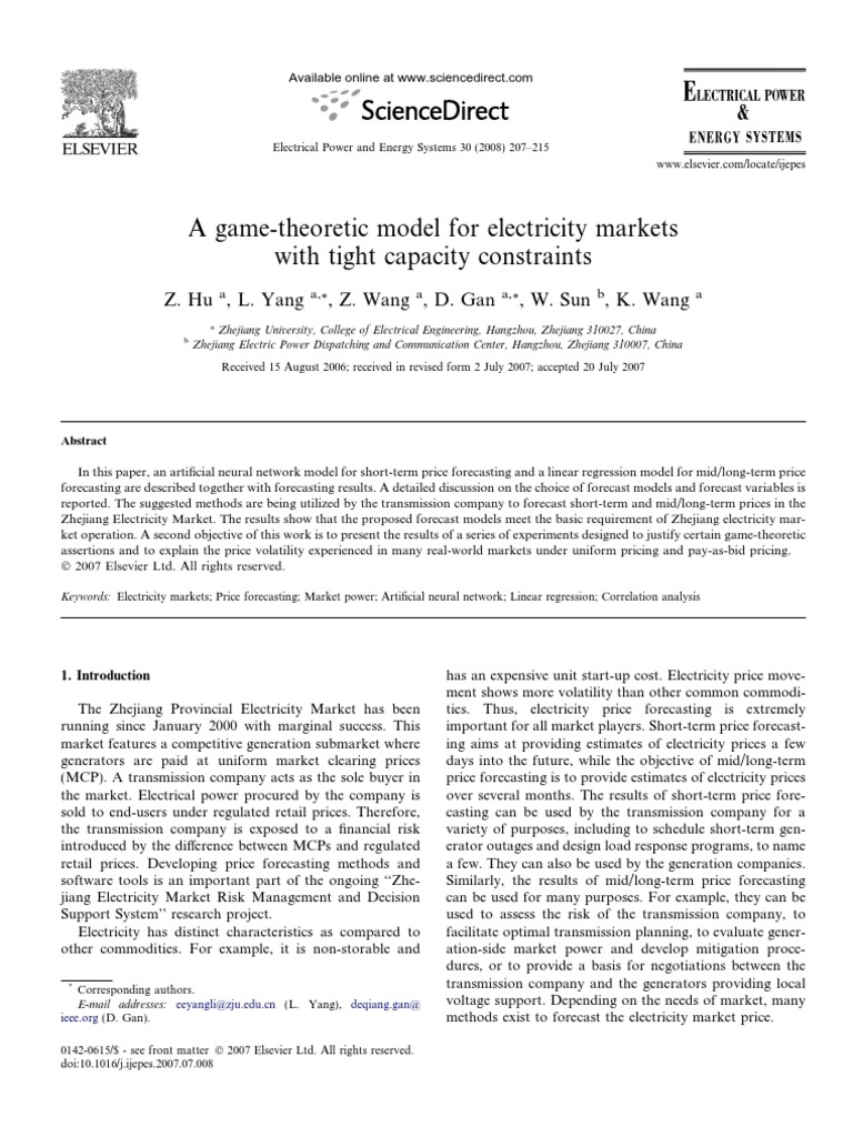 Game Theoritic Approach in Electrical Markets | PDF | Forecasting ...