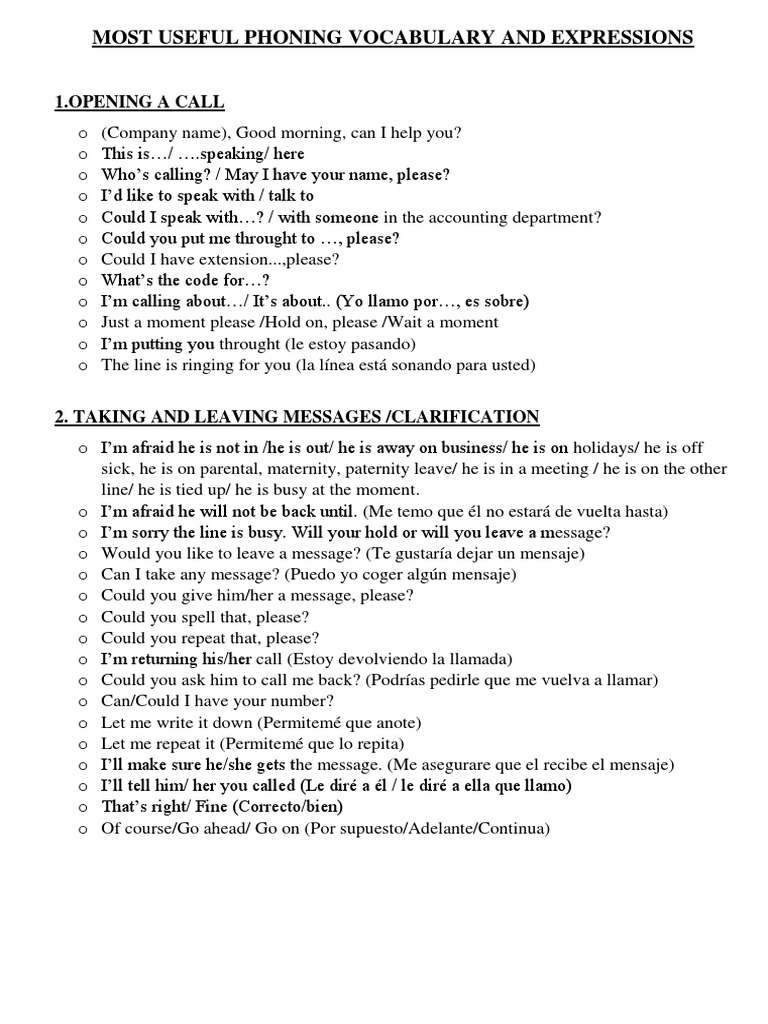 Essential Phone Call Vocabulary | PDF | Language Arts & Discipline