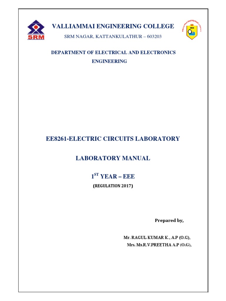 EE8261 Electric Circuits Lab Manual EEE 1 PDF Electrical Network