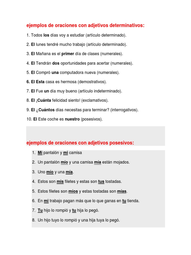 Ejemplos De Oraciones Con Adjetivos Determinativos PDF
