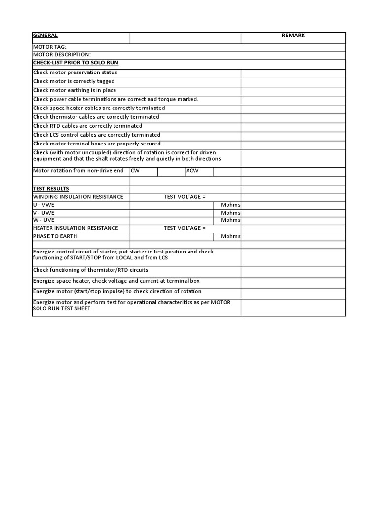 Motor Solo Run Test Checklist | PDF | Physical Quantities | Electric Power