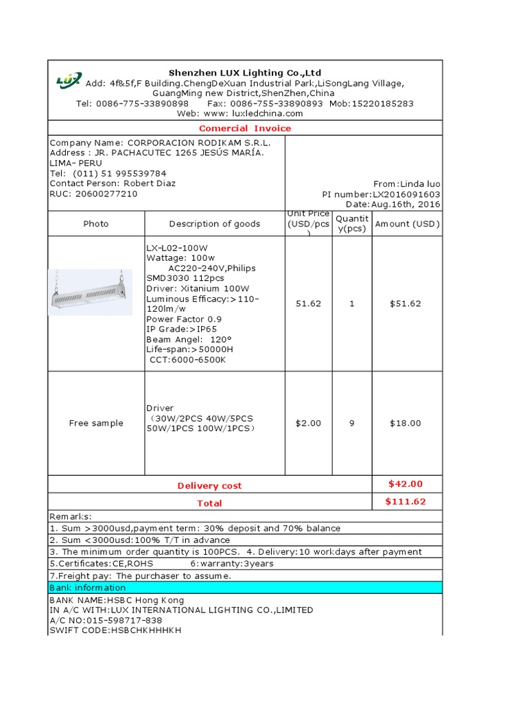 Shenzhen LUX Lighting Co.,Ltd: Comercial Invoice | PDF | Banking ...