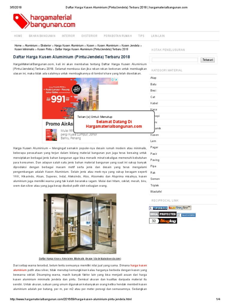 Daftar Harga Kusen Aluminium (Pintu - Jendela) Terbaru 2018 | PDF