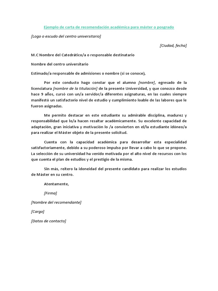 Ejemplo de Carta de Recomendación Académica para Máster o Posgrado PDF |  PDF | Academia