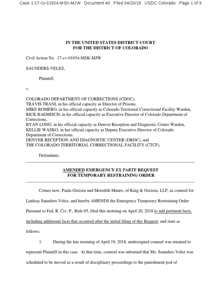 Lindsay Saunders-Velez v. Colorado Department of Corrections, Et. Al ...