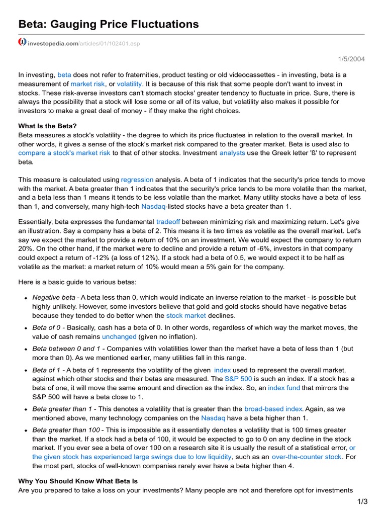 Understanding Beta in Investing | PDF | Beta (Finance) | Volatility ...