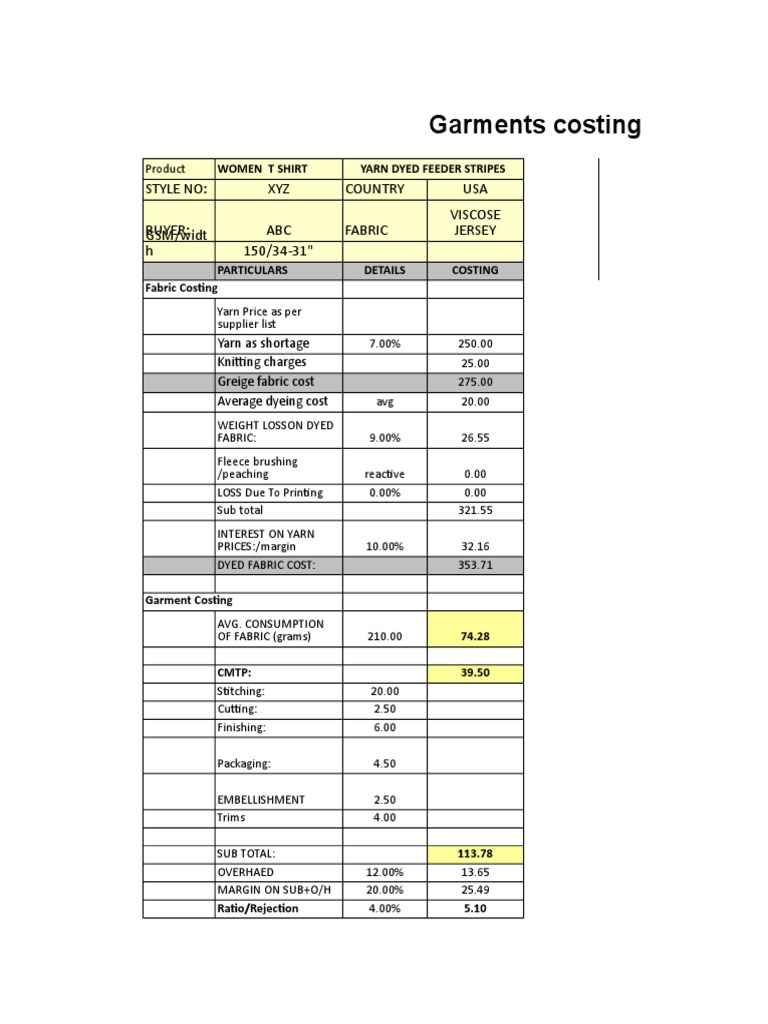 Garment Costing Sheet PDF Textiles Yarn