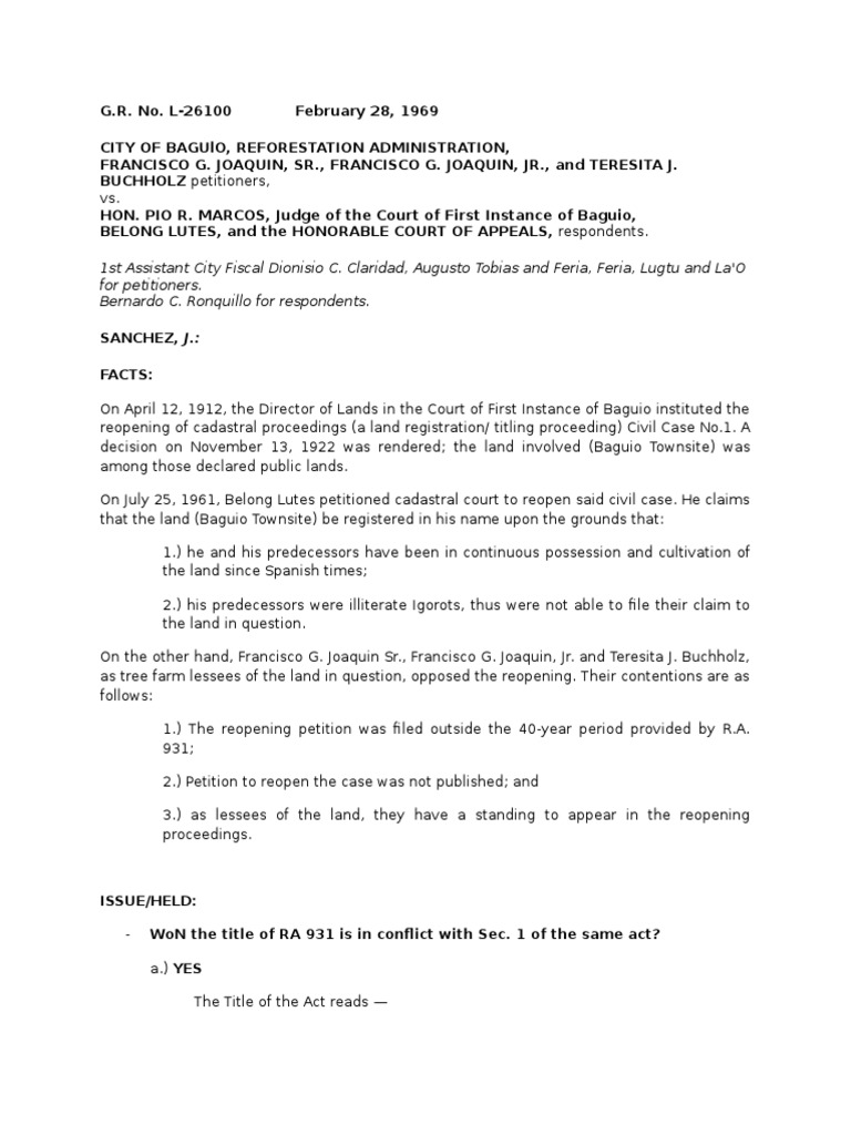 Case Digest City of Baguio Et Al Vs Hon. Pio Marcos, CFI Et Al GR No