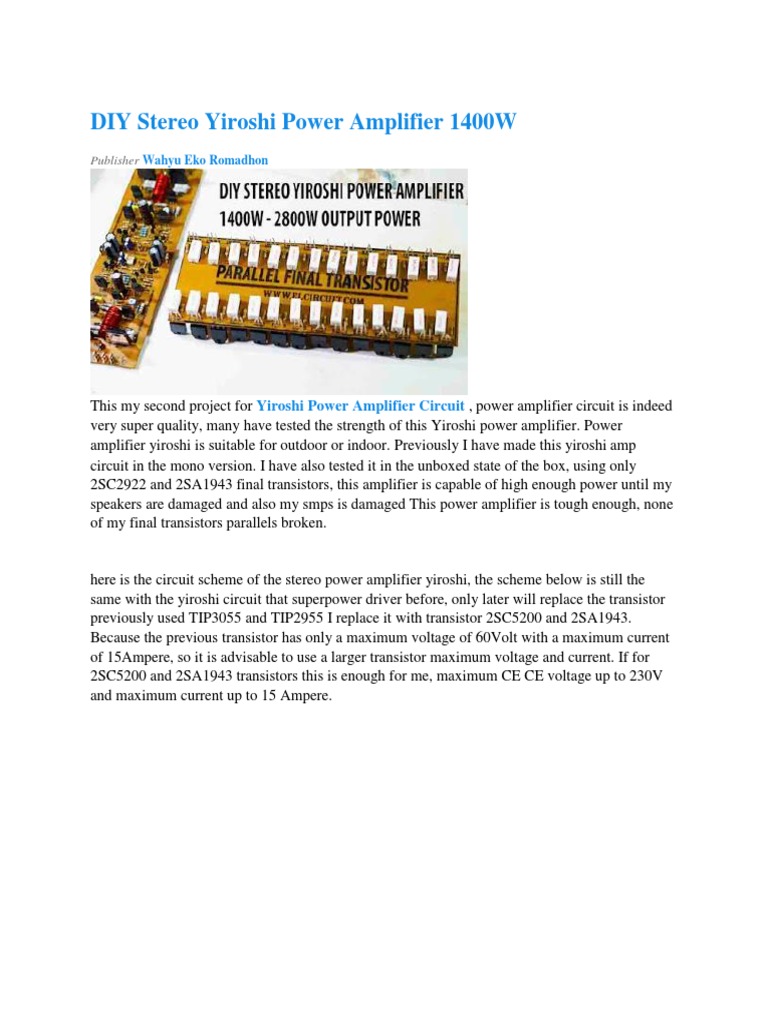 DIY Stereo Yiroshi Power Amplifier 1400W - Electronic Circuit | PDF
