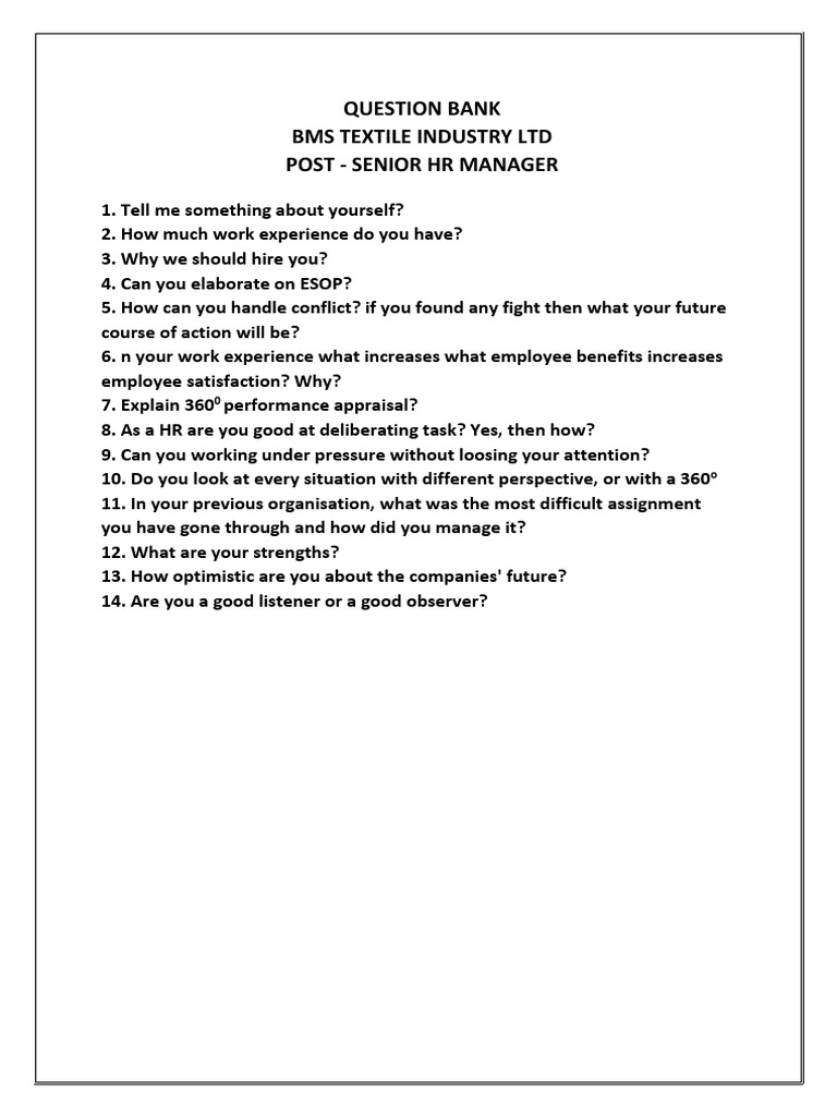 Senior HR Manager Interview Questions | PDF | Career & Growth