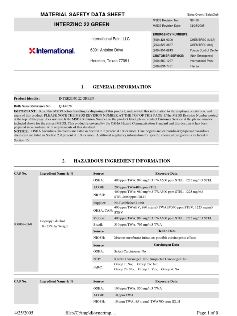 Material Safety Data Sheet for Interzinc 22 Green ZincRich Primer
