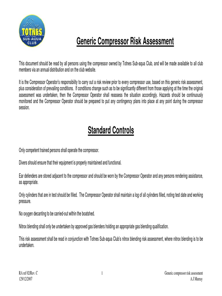 Compressor Risk Assessment v2b PDF PDF Underwater Diving Fires