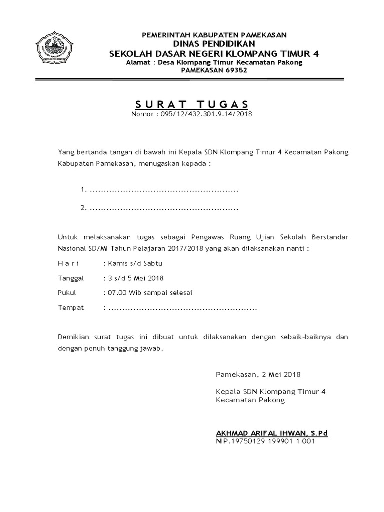 Contoh Surat Tugas Pengawas Usbn 2018