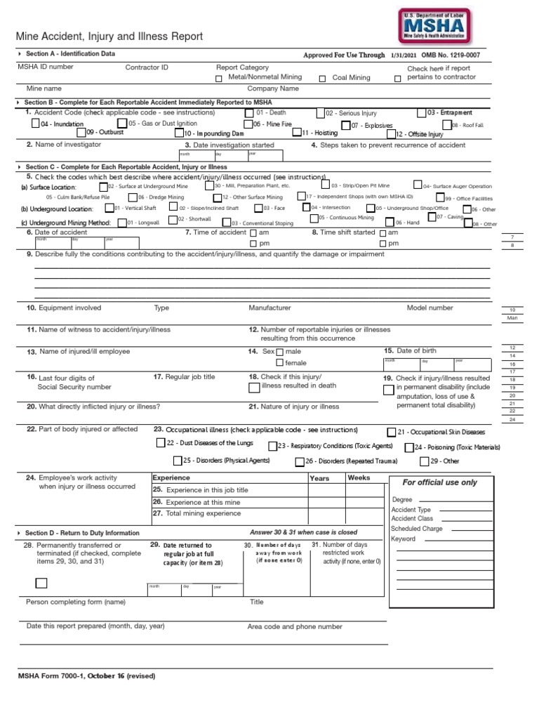 Mine Accident, Injury and Illness Report: Pproved 1/31/2021 OMB No ...