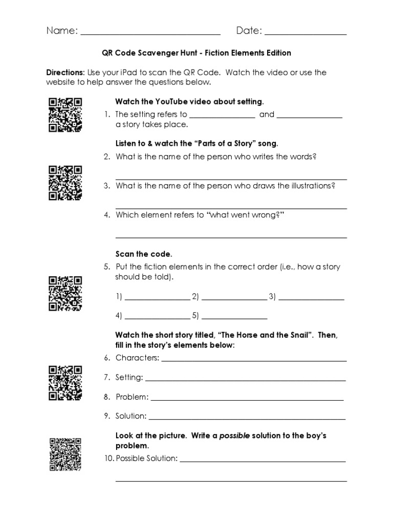 QR Code Scavenger Hunt: Fiction Elements | PDF | Games & Activities ...