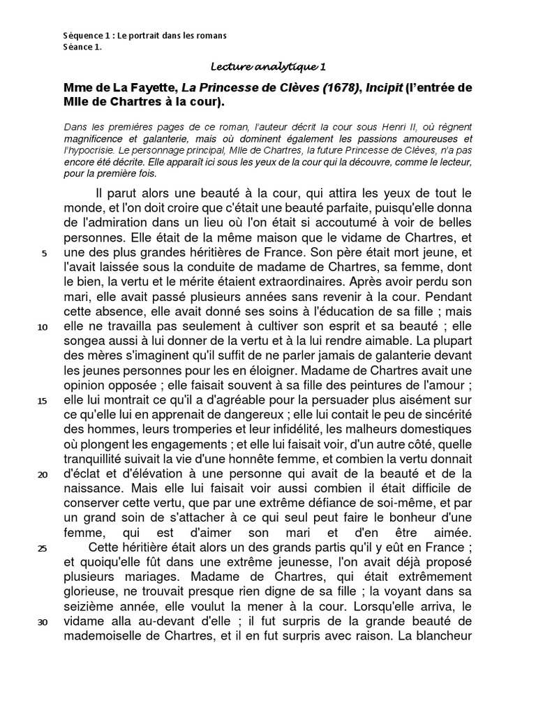 Commentaire De Texte La Princesse De Clèves Sqce 1 Le Roman LA 1 La Princesse de Clèves Mme de La Fayette | PDF | Romans
