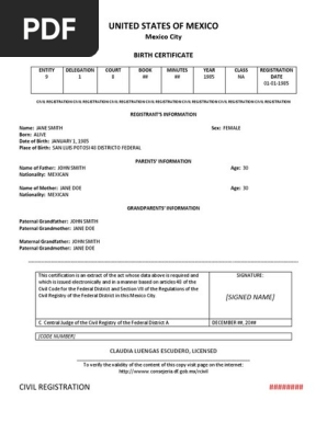 2018 FORM--Mexico City Birth Certificate Translation to English