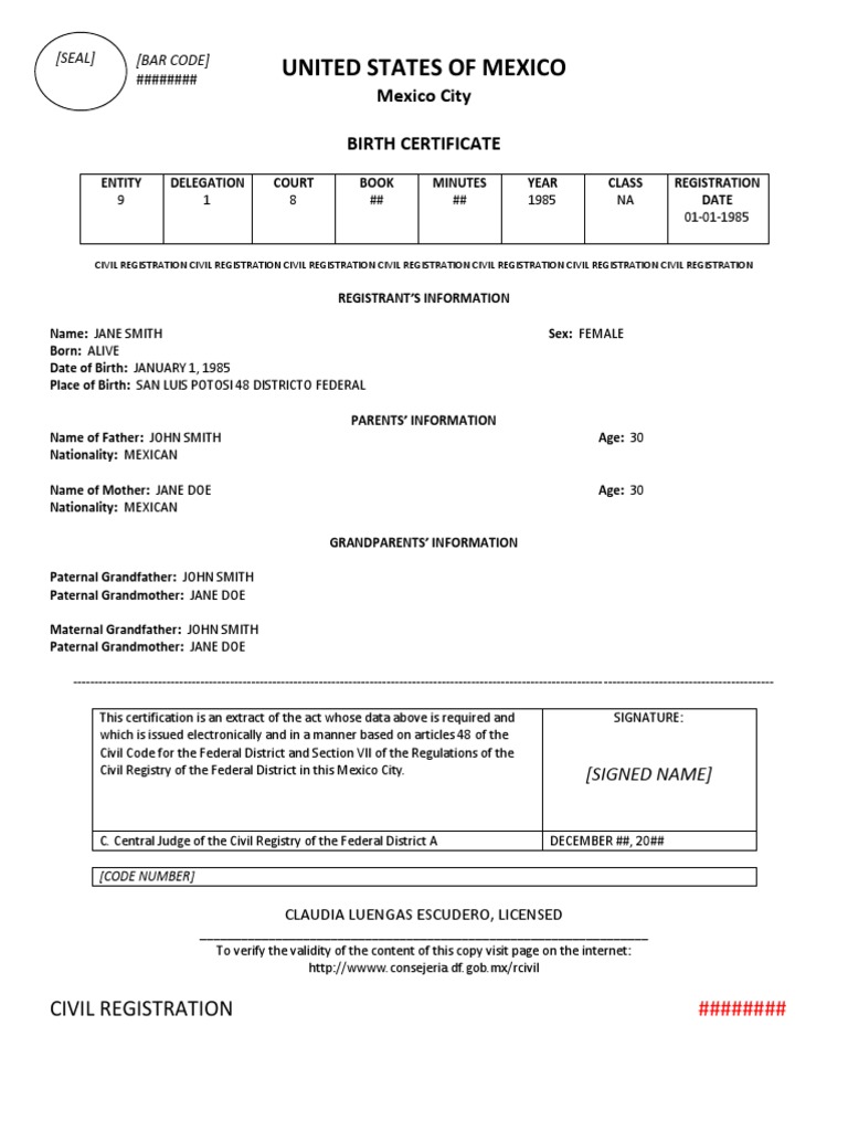 2018 FORM Mexico City Birth Certificate Translation To English PDF