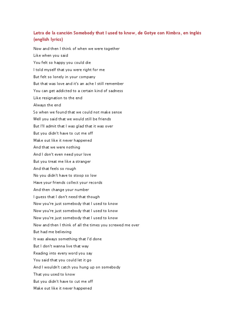 Letra Da Musica Somebody That I Used To Know